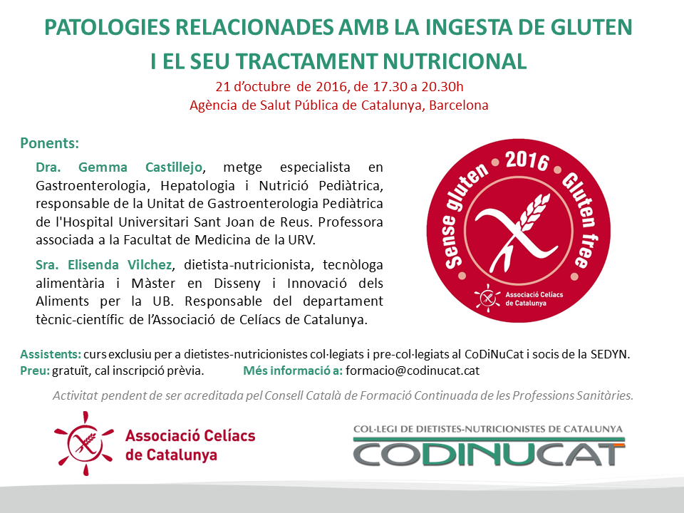 Curso gratuito soci@s SEDYN: Patologías relacionadas con la ingesta de gluten (Barcelona)
